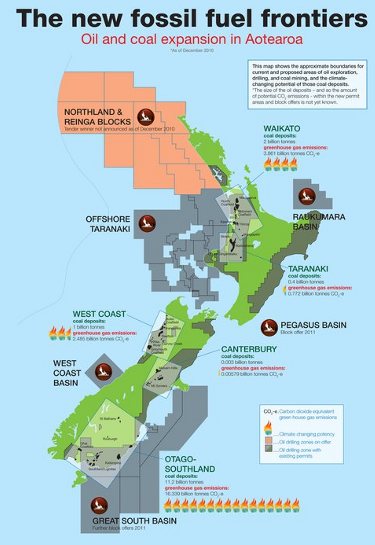 Map of potential oil and coal expansion in Aotearoa