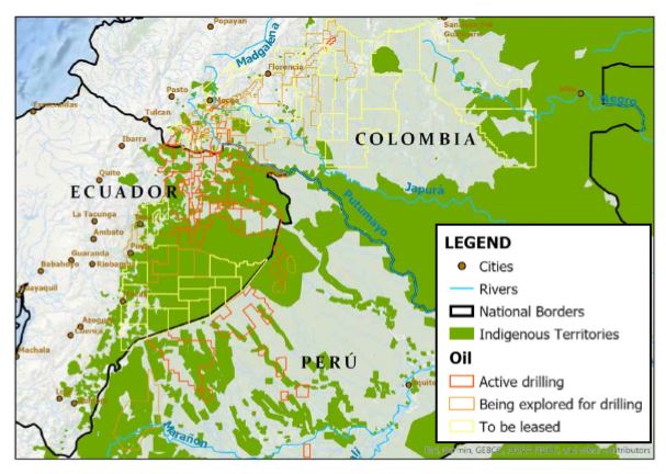 Los sitios de extracción de petróleo se superponen con territorios indígenas en la región donde nacen los ríos que forman la cuenca del Amazonas. Imagen por Amazon Watch