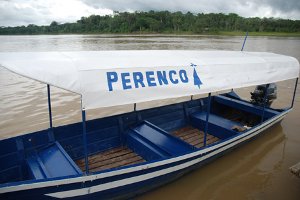 Perenco boat on the Curaray River. (Photo: David Hill)