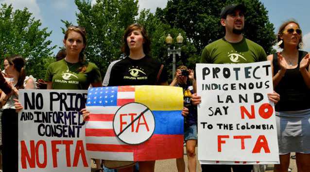 Amazon Watch Colombia FTA protest. Photo Credit: Caitlin Doughty