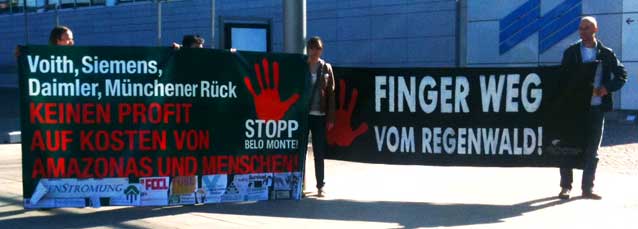 Protestors denounce Belo Monte's German backers outside of the Munich Re shareholder meeting last week. Photo credit: Melanie Meyer