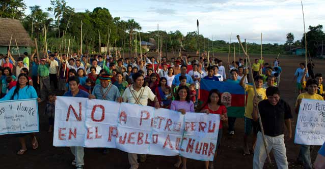 Achuar protesting Petroperu's plans to drill on their territory