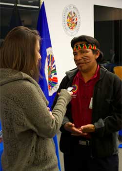 Franco Viteri, President of the Governing Body of the Original Nations of the Ecuadorian Amazon (GONOAE), speaking with the press about the hearing