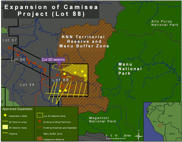 Map of gas operations in the KNN Territorial Reserve and Manu Buffer Area. Map credit: David Hill