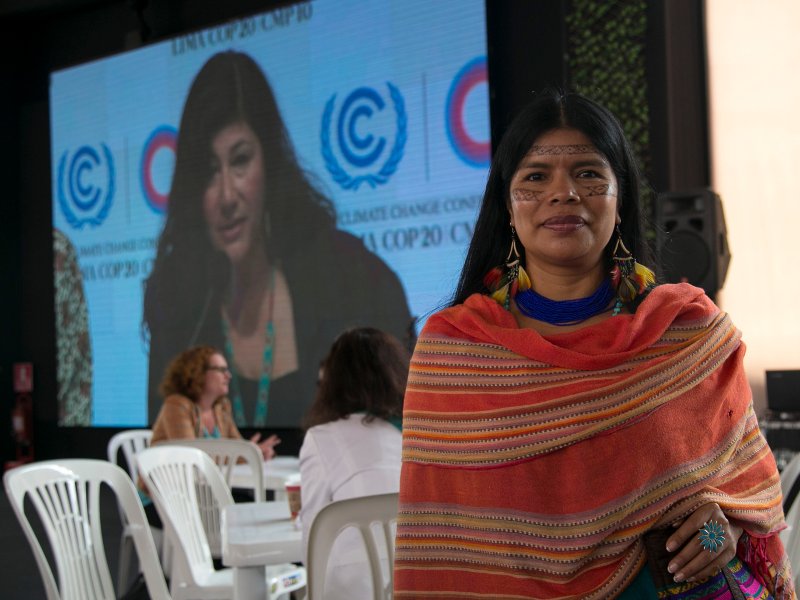 Patricia Gualinga participates in activities in the Voces del Clima pavilion at COP20 while Amazon Watch founder Atossa Soltani speaks inside a press conference at the event. Amazon Watch was busy inside and outside official COP spaces highlighting the critical importance of the Amazon and indigenous ancestral territories in regulating global climate stability.