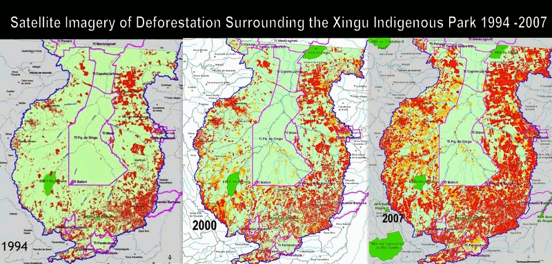 Satelite imagery of deforestation surrounding the Xingu indigenous park, 1994-2007