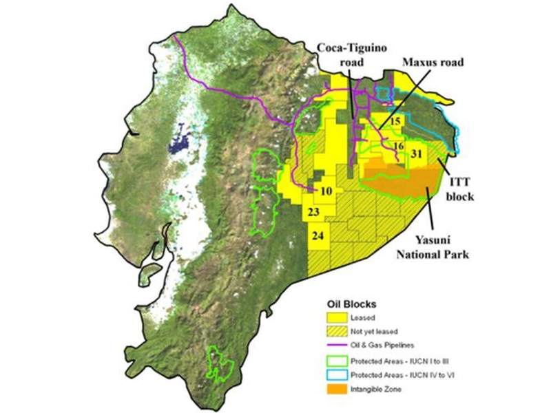 More than two thirds of the Ecuadorian Amazon is divided up into oil and gas blocks as seen here on this map of Ecuador, which includes all Amazonian protected areas and key features. Source: Finer M, Jenkins CN, Pimm SL, Keane B, Ross C (2008), Oil and Gas Projects in the Western Amazon: Threats to Wilderness, Biodiversity, and Indigenous Peoples.