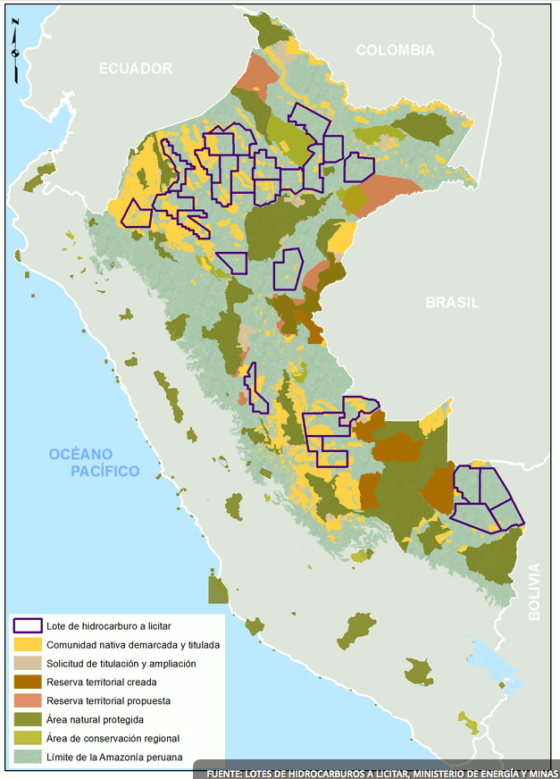 Map of new Amazonian oil blocks in the Peruvian Amazon. Purple lines demarcate blocks to be auctioned in 2015. Yellow areas are titled indigenous communities. Green areas are natural protected areas. Brown/pink are territorial reserves for uncontacted indigenous peoples. Map produced by Instituto del Bien Común - Peru, with information provided by the Peruvian Ministry of Energy and Mines
