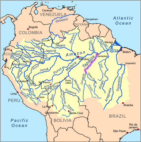 More than forty hydroelectric projects of varying size are planned for the Tapajós Basin. Among the biggest are 3 on the Tapajós River and 4 on its tributary the Jamanxim River — they would generate a combined total of 16,152 megawatts of electricity and create reservoirs covering 302,174 hectares (1,162 square miles). Map by Kmusser licensed under the Creative Commons Attribution-Share Alike 3.0 Unported license