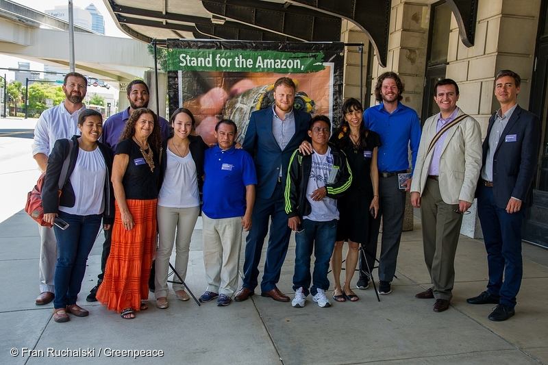 Leaders from the Amazon's Tapajós and Xingu regions call on GE to divest from dams. International advocacy is an increasingly important tool to counter the assault on human rights and the environment in Brazil. Photo credit: Fran Ruchalski / Greenpeace