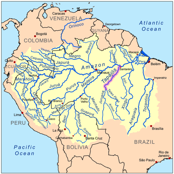 Seven major dams are planned for the Tapajós Basin (3 on the Tapajós River and 4 on its tributary the Jamanxim River). They would generate a combined total of 16,152 megawatts of electricity and create reservoirs covering 302,174 hectares (1,162 square miles). If built, the São Luiz do Tapajós dam – the largest of the seven – would have a maximum generating capacity of 8,040 megawatts and a reservoir of 72,225 hectares (278 square miles) – part of it flooding Munduruku territory. Also planned for the Tapajós River are the Jatobá dam, generating 2,338 megawatts with a reservoir of 64,629 hectares (249 square miles); and Chacorão dam, 3,336 megawatts and a reservoir of 61,620 hectares (237 square miles). The four planned dams on the Jamanxim River include: the Cachoeira do Caí dam, 802 megawatts and a reservoir of 42,000 hectares (162 square miles); Jamanxim dam, 881 megawatts and a lake of 7,440 hectares (28 square miles); the Cachoeira dos Patos dam, 528 megawatts and a reservoir of 11,650 hectares (44 square miles); and the Jardim do Ouro dam, 227 megawatts with a lake of 42, 610 hectares (164 square miles). Map by Kmusser licensed under the Creative Commons Attribution-Share Alike 3.0 Unported license.