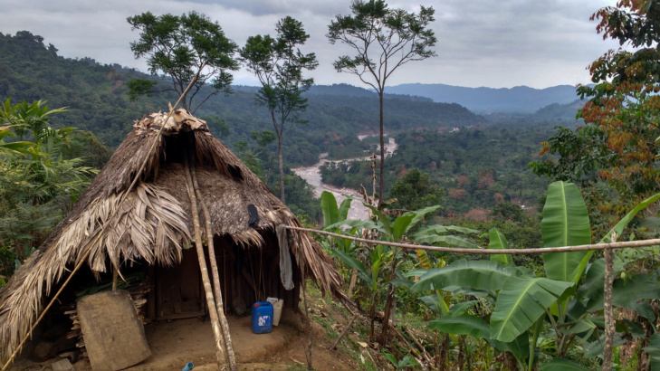 A traditional U'wa hut above the Cobaria River in the eastern cloud forests of the U'wa resguardo, on the border of Venezuela. Photo credit: Jake Ling.