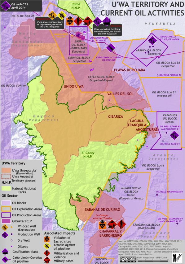 Oil blocks on U'wa territory. Map by Fidel Mingorance / HREV 2014.