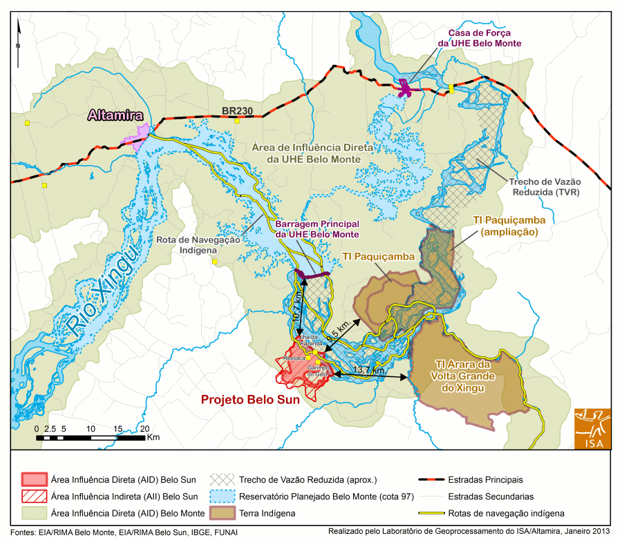 This map of Belo Sun Mining's massive concession demonstrates the project's proximity to two indigenous territories: the Juruna of Paquiçamba and Arara of Volta Grande. Any accident, such as a spill of toxic mining residues into the Xingu River, would have drastic and irreversible impacts on the health of these two communities. Credit: The Socio-environmental Institute (ISA), Brazil