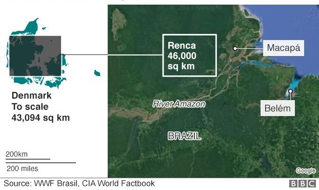 The size of Renca area compared to Denmark. Source:WWF Brasil, CIA World Factbook