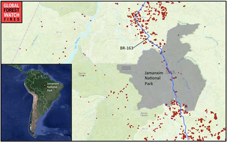 Fires along the BR 163 highway and in Jamanxim National Park in Pará state showing burn activity from September 1 to October 1, 2017. The recent paving of BR 163 opened this region to land thieves. Map fire data provided by VIIRS via NASA/NOAA