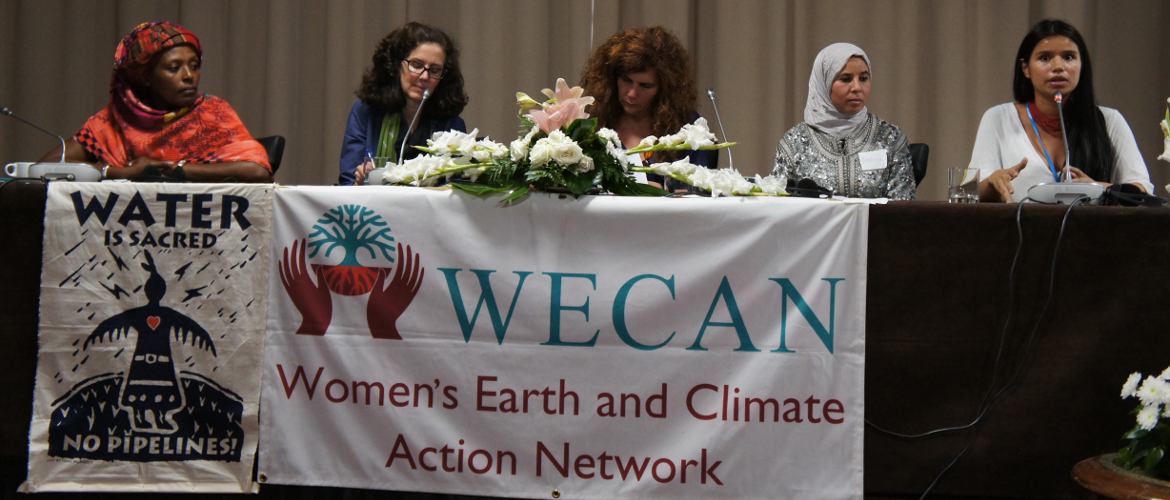 Nina Gualinga, Kichwa from Sarayaku, Ecuador, speaks on a panel during WECAN International's public event, "Women Leading Solutions on the Frontlines of Climate Change – Marrakech." Photo credit: Emily Arasim / WECAN