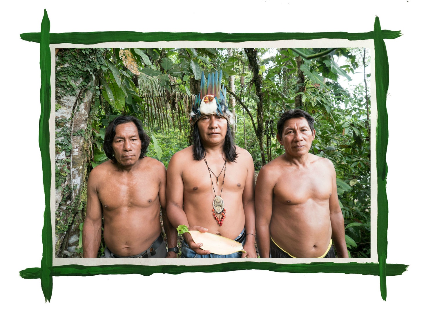 Shaman, Leader, and Indigenous and Natural Rights warrior Manari Ushigua (center) with Sapara tribesman Francisco and Felipe Ushigua. Photo credit: Ben Roffee.