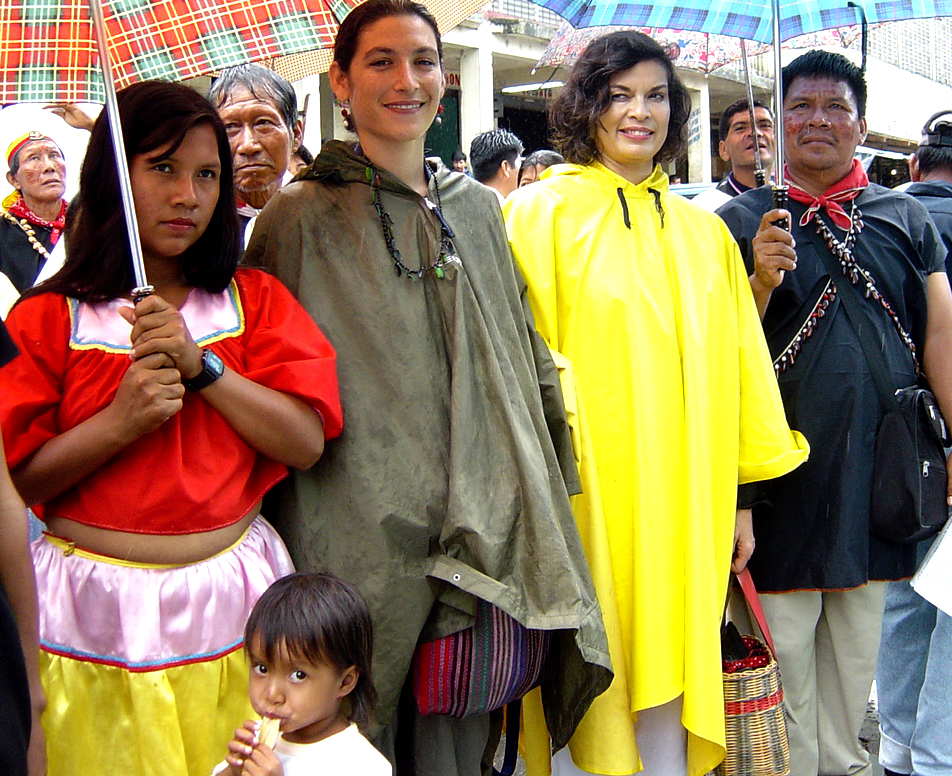 Bianca Jagger with Indigenous partners at a march in Lago Agrio, 2003